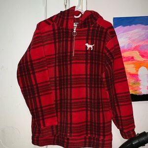VS Pink red flannel, half zipper pull over sweater
